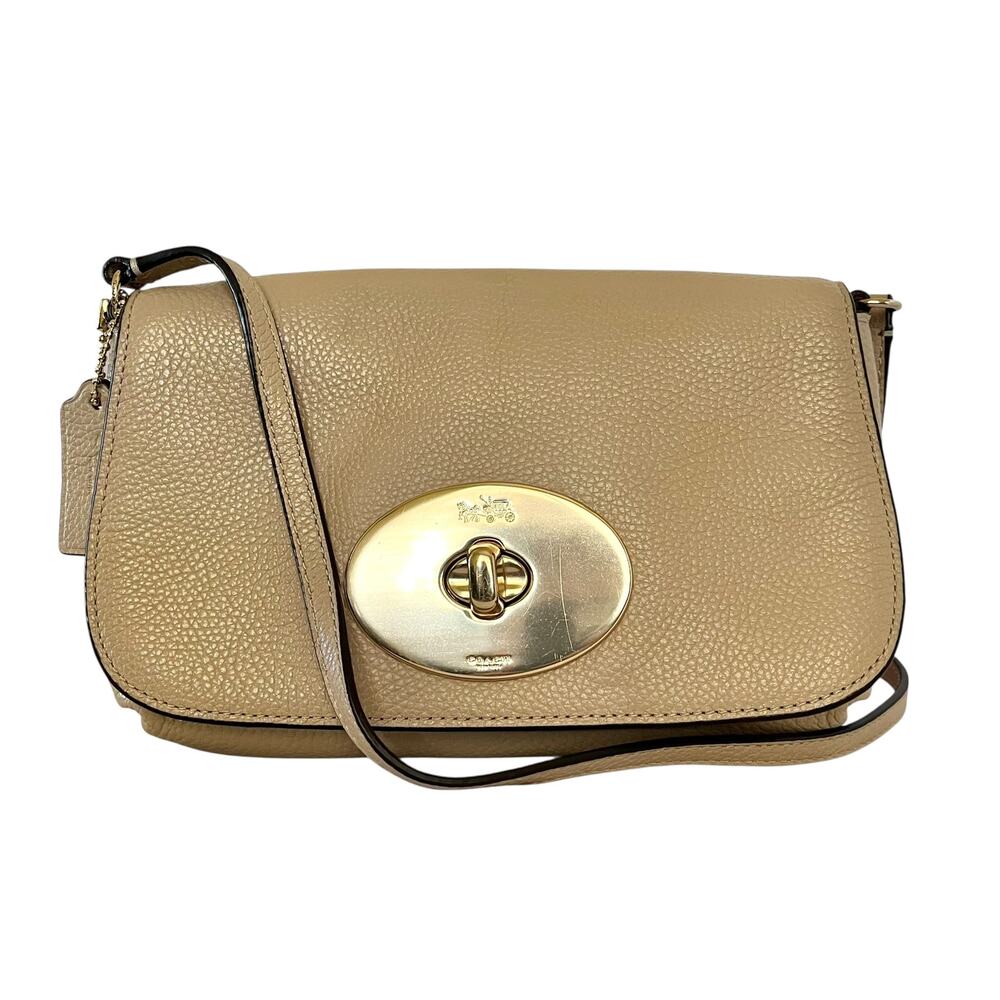 Coach Liv Turnlock Crossbody Pouch Bag In Nude Beige Pebbled Leather #F52896
